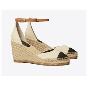 Tory Burch Color Block 85mm Wedge Espadrille Sandal Size 9.5 Color:Cream & Black